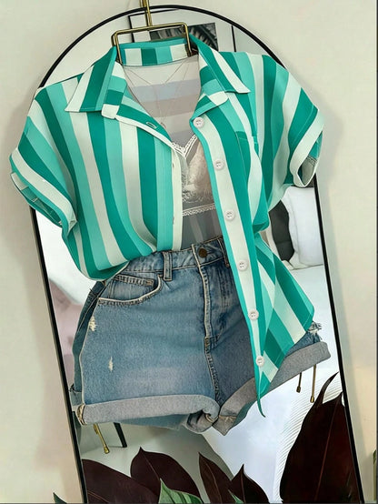 INAWLY Women's Striped Patchwork Single-Breasted Casual Versatile Daily Wear Shirt
