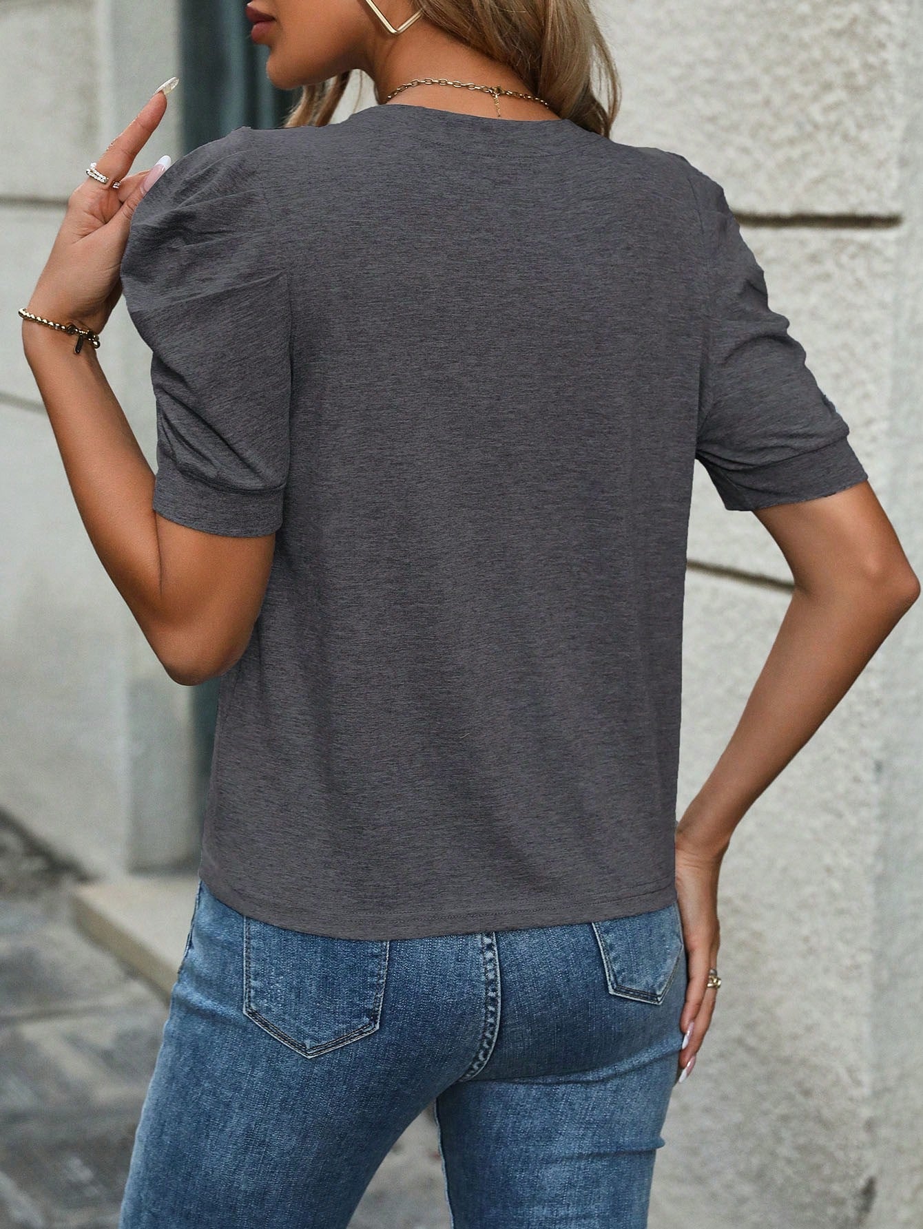 INAWLY Women Solid Color Round Neck Short Puff Sleeve Casual T-Shirt