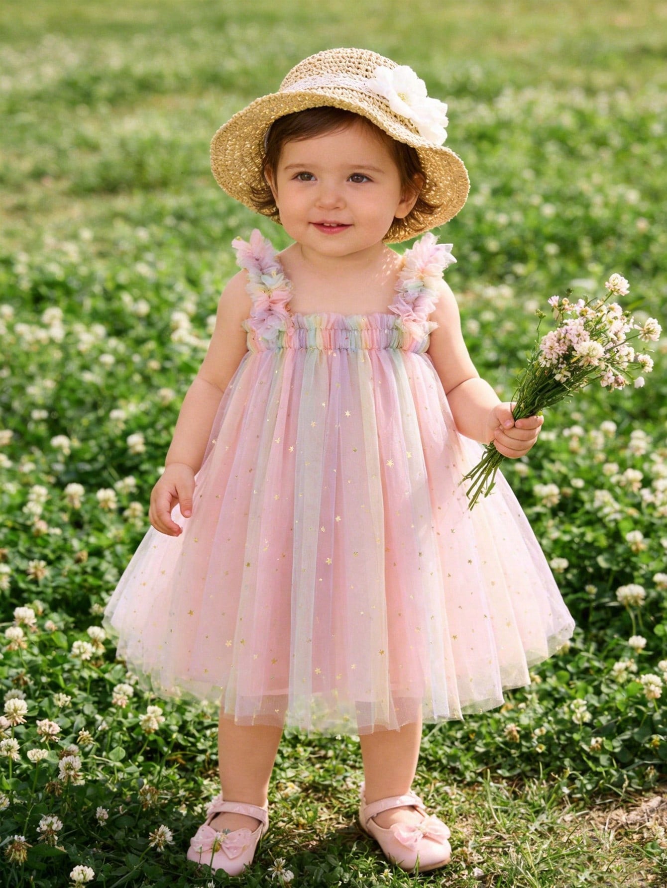 Infant Girls Elegant Cute Pink Spaghetti Strap Mesh Gradient Star & Moon Patchwork Dress Princess Dress Birthday Party Vacation