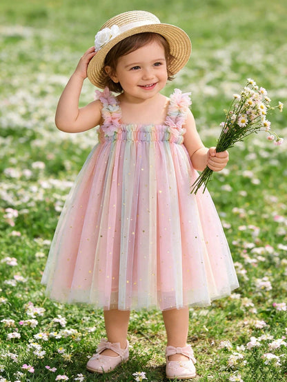 Infant Girls Elegant Cute Pink Spaghetti Strap Mesh Gradient Star & Moon Patchwork Dress Princess Dress Birthday Party Vacation