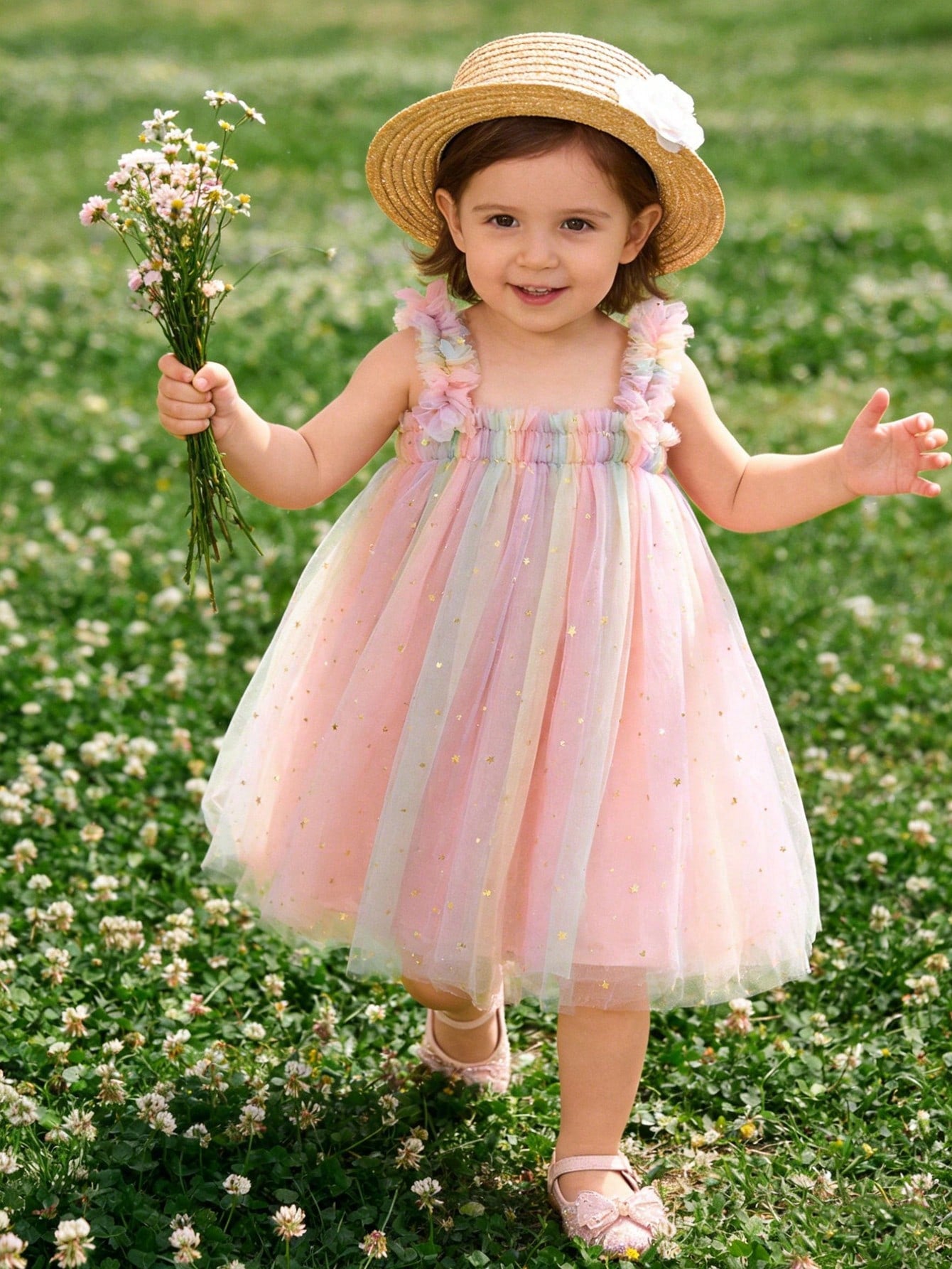 Infant Girls Elegant Cute Pink Spaghetti Strap Mesh Gradient Star & Moon Patchwork Dress Princess Dress Birthday Party Vacation