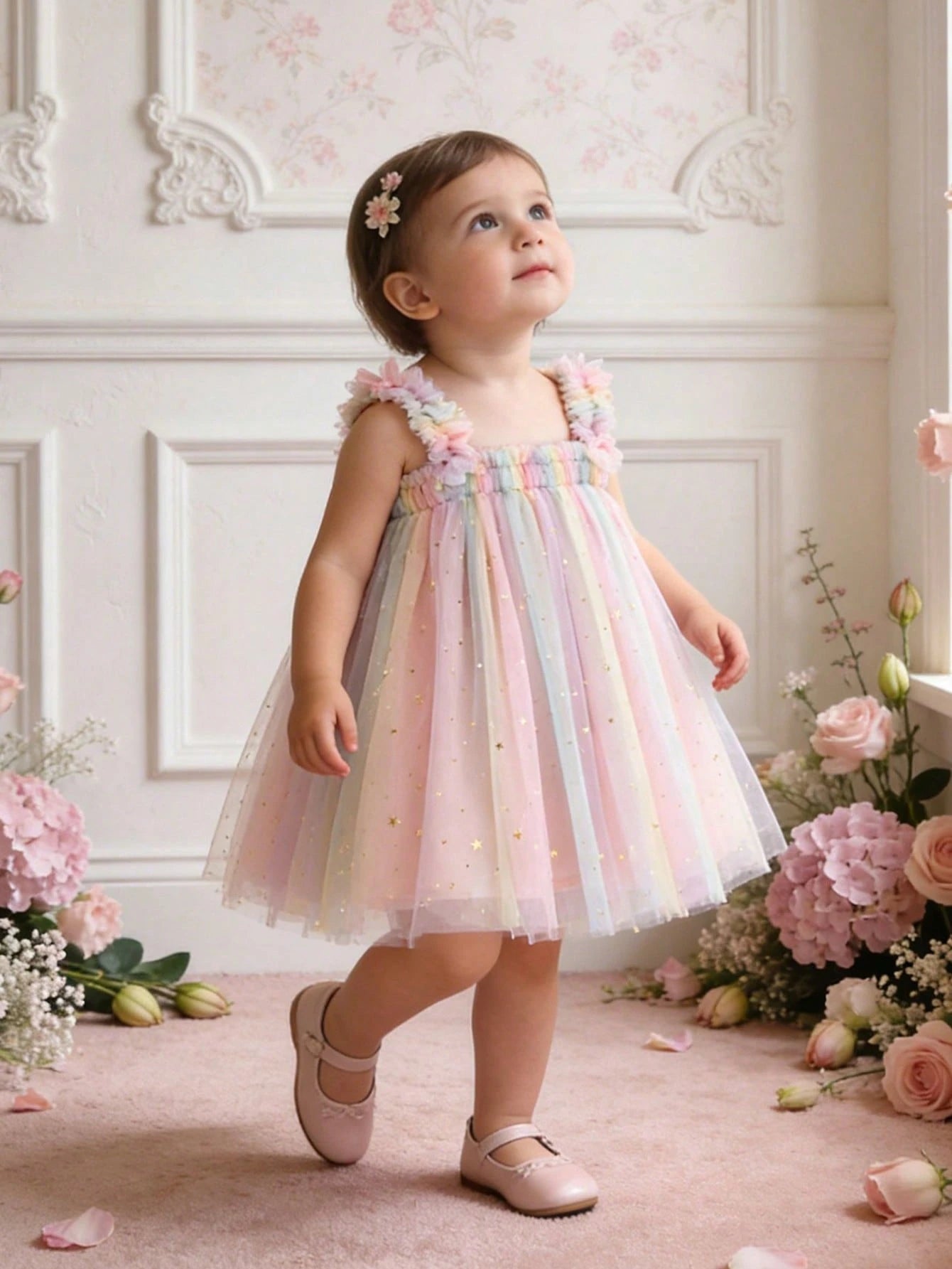 Infant Girls Elegant Cute Pink Spaghetti Strap Mesh Gradient Star & Moon Patchwork Dress Princess Dress Birthday Party Vacation