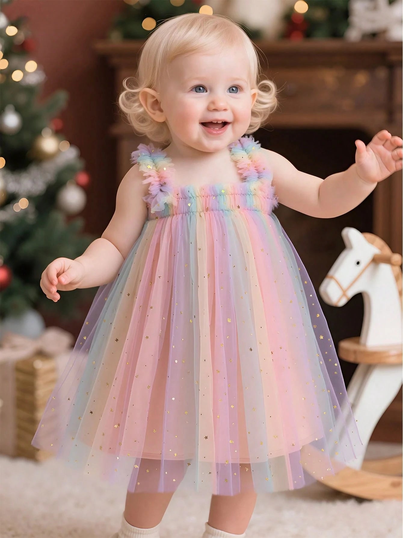 Infant Girls Elegant Cute Pink Spaghetti Strap Mesh Gradient Star & Moon Patchwork Dress Princess Dress Birthday Party Vacation