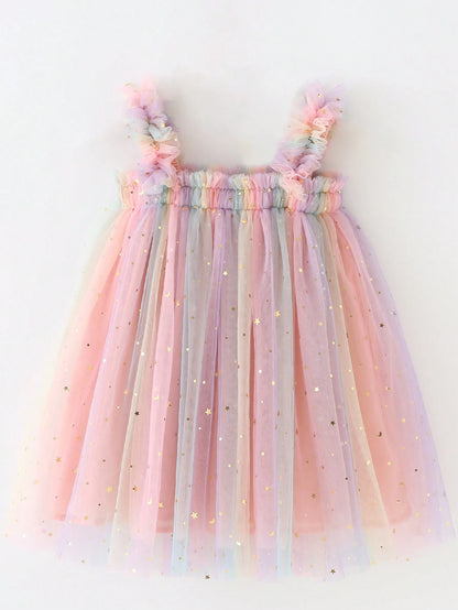Infant Girls Elegant Cute Pink Spaghetti Strap Mesh Gradient Star & Moon Patchwork Dress Princess Dress Birthday Party Vacation
