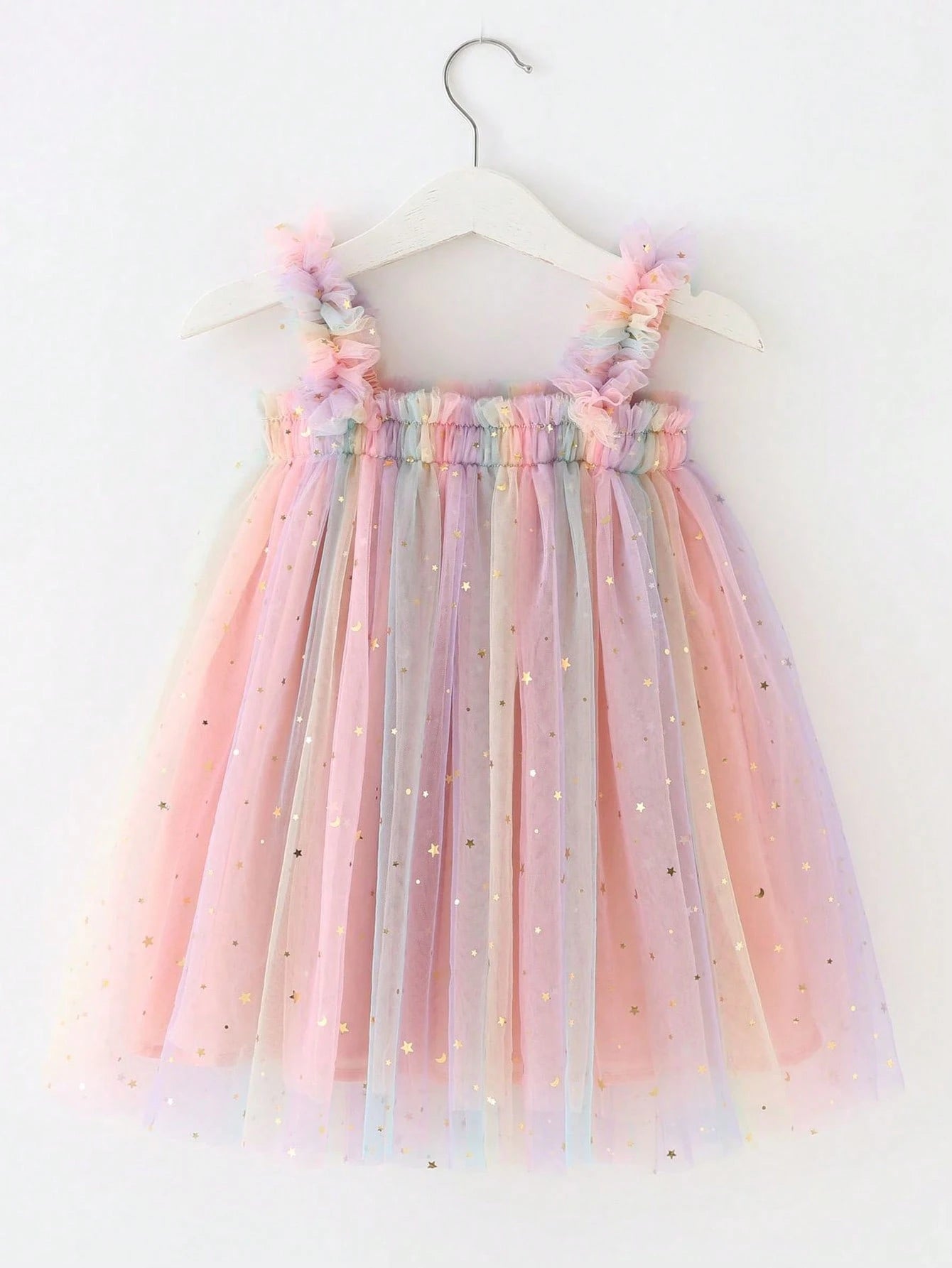 Infant Girls Elegant Cute Pink Spaghetti Strap Mesh Gradient Star & Moon Patchwork Dress Princess Dress Birthday Party Vacation
