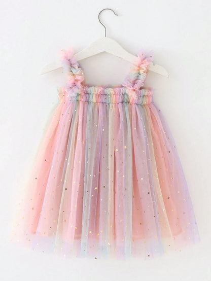 Infant Girls Elegant Cute Pink Spaghetti Strap Mesh Gradient Star & Moon Patchwork Dress Princess Dress Birthday Party Vacation