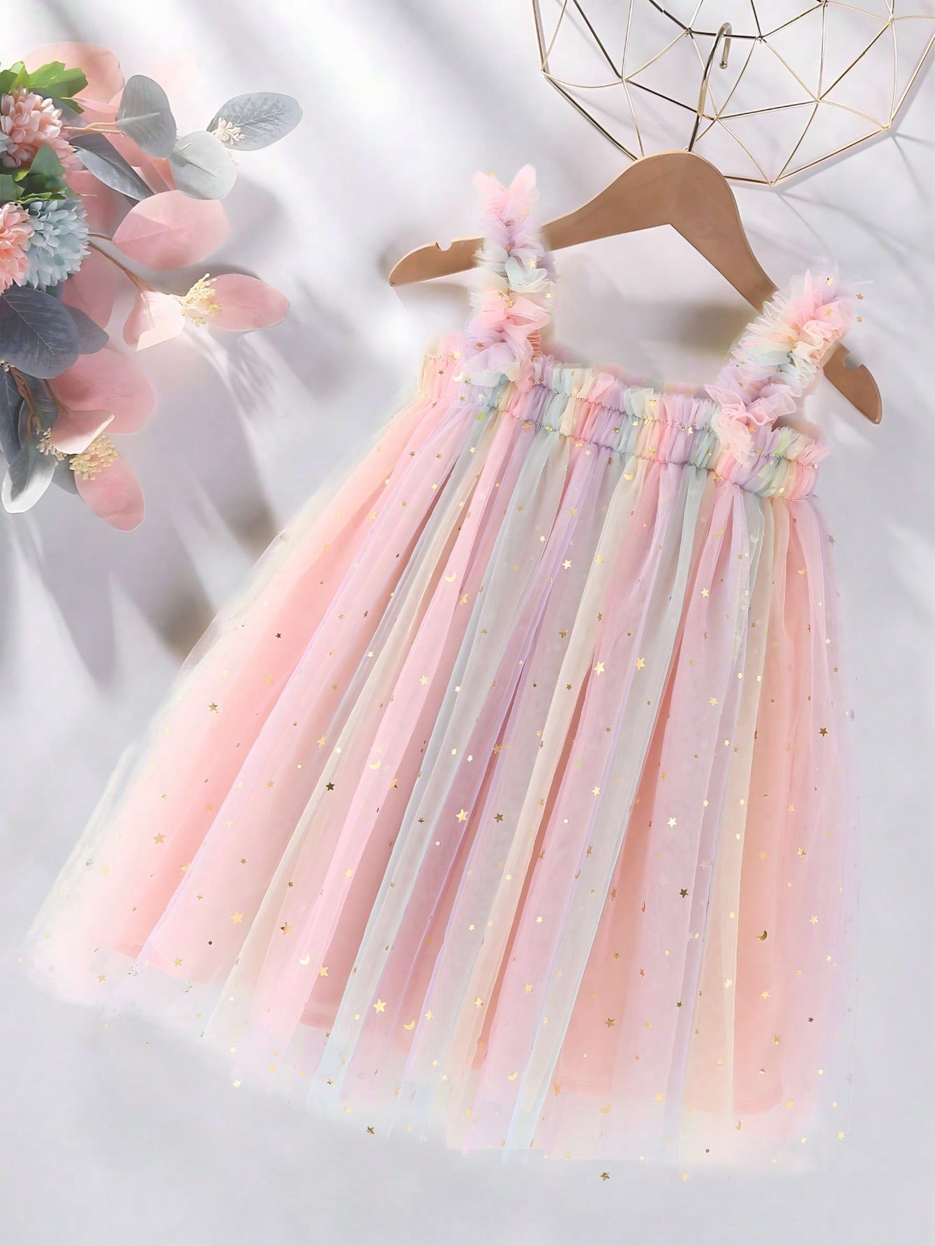 Infant Girls Elegant Cute Pink Spaghetti Strap Mesh Gradient Star & Moon Patchwork Dress Princess Dress Birthday Party Vacation