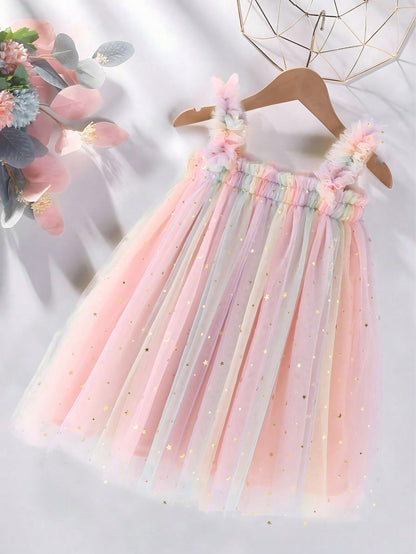 Infant Girls Elegant Cute Pink Spaghetti Strap Mesh Gradient Star & Moon Patchwork Dress Princess Dress Birthday Party Vacation