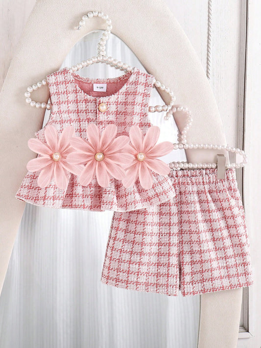 Infant Pink Set, Baby Plaid Sleeveless Top + Shorts 2pcs Outfit