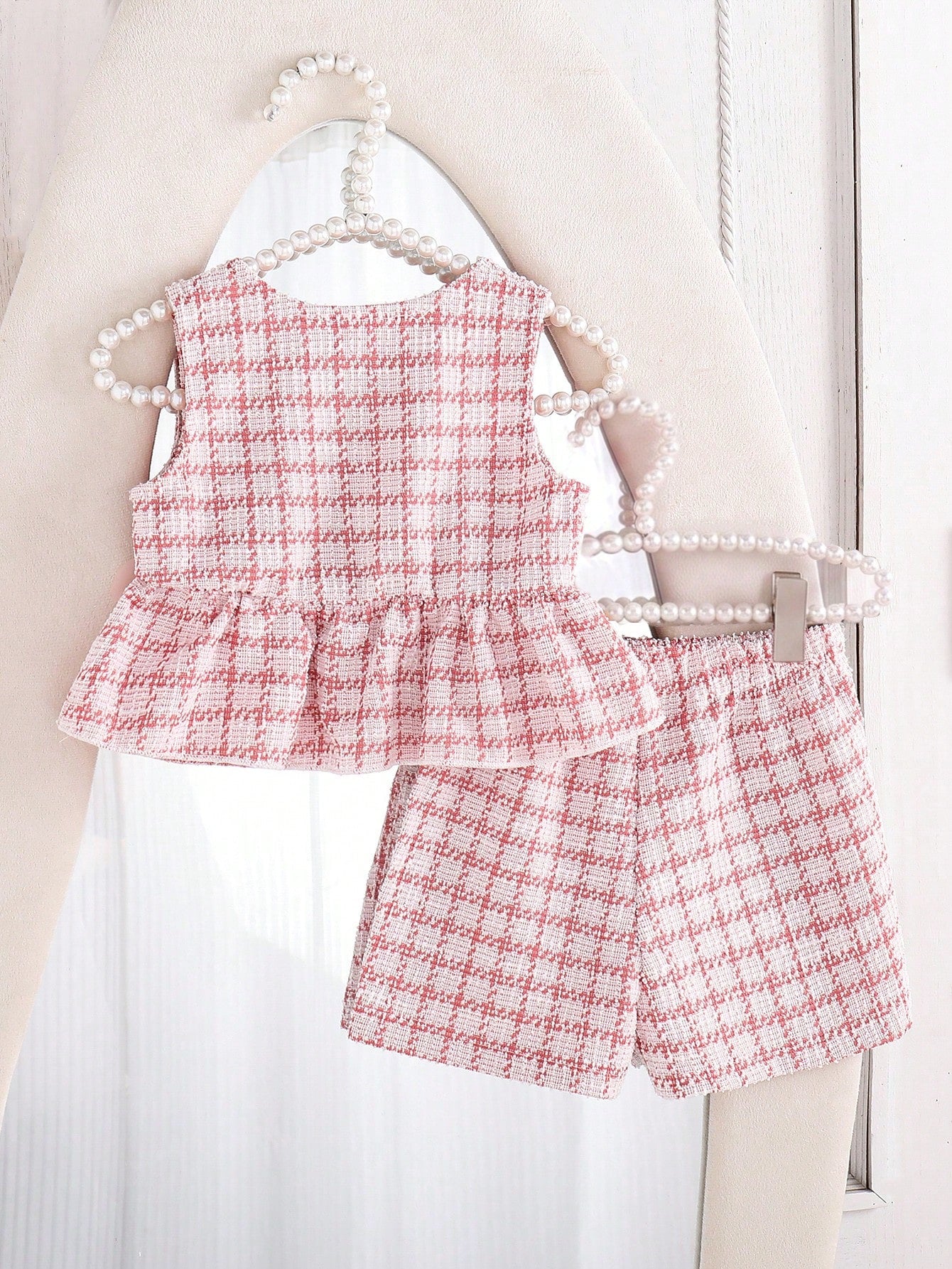 Infant Pink Set, Baby Plaid Sleeveless Top + Shorts 2pcs Outfit