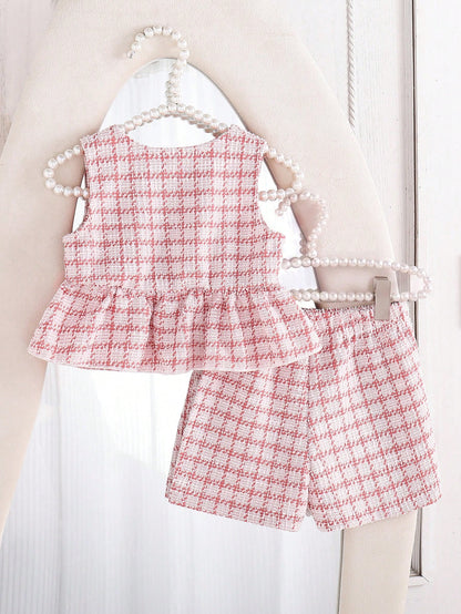 Infant Pink Set, Baby Plaid Sleeveless Top + Shorts 2pcs Outfit