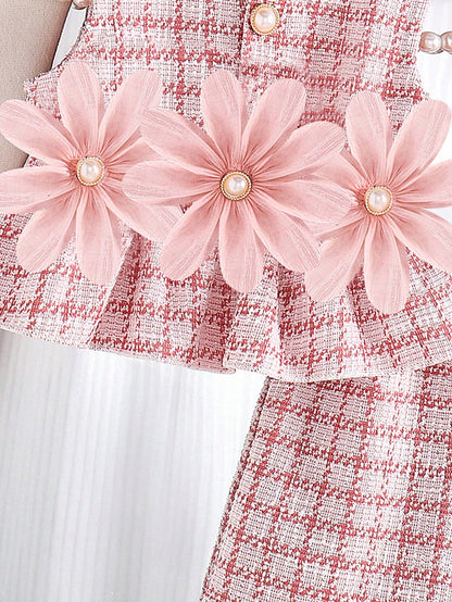 Infant Pink Set, Baby Plaid Sleeveless Top + Shorts 2pcs Outfit