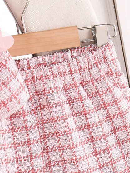 Infant Pink Set, Baby Plaid Sleeveless Top + Shorts 2pcs Outfit