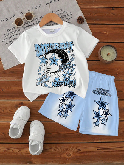 Infant & Toddler Boy Summer Short Sleeve & Shorts Set, American Street Style Star Graffiti Design, Casual Versatile 2-Piece Set, Suitable For Daily Wear, Outings, Kindergarten, Creating A Street Style