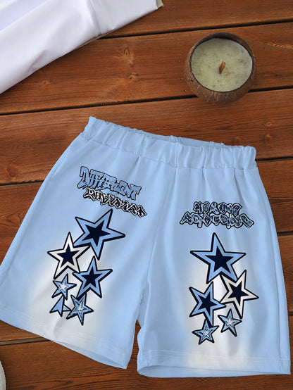 Infant & Toddler Boy Summer Short Sleeve & Shorts Set, American Street Style Star Graffiti Design, Casual Versatile 2-Piece Set, Suitable For Daily Wear, Outings, Kindergarten, Creating A Street Style