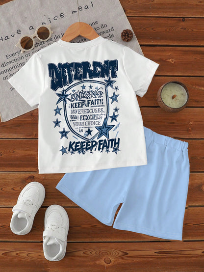 Infant & Toddler Boy Summer Short Sleeve & Shorts Set, American Street Style Star Graffiti Design, Casual Versatile 2-Piece Set, Suitable For Daily Wear, Outings, Kindergarten, Creating A Street Style