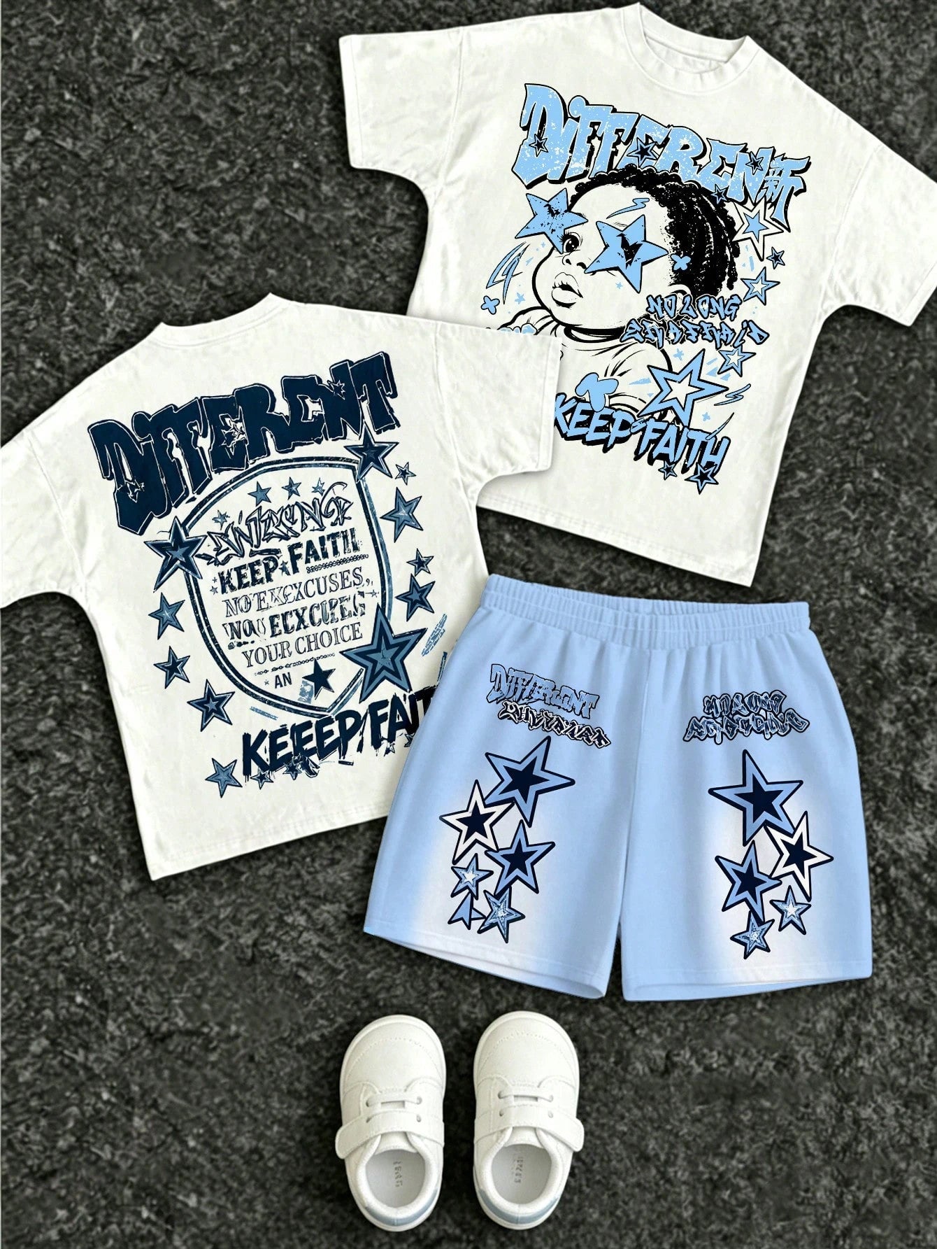 Infant & Toddler Boy Summer Short Sleeve & Shorts Set, American Street Style Star Graffiti Design, Casual Versatile 2-Piece Set, Suitable For Daily Wear, Outings, Kindergarten, Creating A Street Style