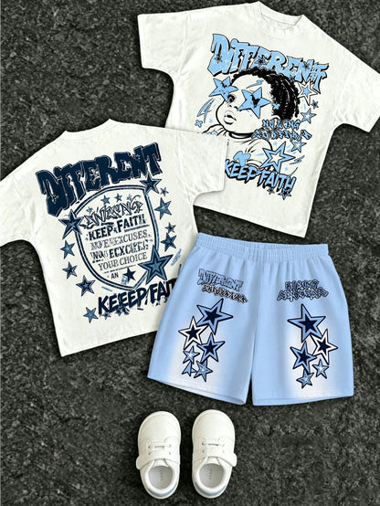 Infant & Toddler Boy Summer Short Sleeve & Shorts Set, American Street Style Star Graffiti Design, Casual Versatile 2-Piece Set, Suitable For Daily Wear, Outings, Kindergarten, Creating A Street Style