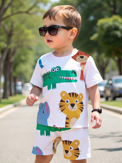 Infant & Toddler Boy Summer Short Sleeve & Shorts Set, American Street Style Star Graffiti Design, Casual Versatile 2-Piece Set, Suitable For Daily Wear, Outings, Kindergarten, Creating A Street Style