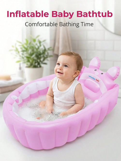 Inflatable Baby Bath Tub, Portable Foldable Infant Toddler Shower Basin With Air Pump, Cute Cartoon Pig Non-Slip Blow Up Travel Bathing Tub.