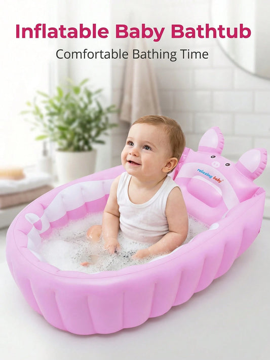 Inflatable Baby Bath Tub, Portable Foldable Infant Toddler Shower Basin With Air Pump, Cute Cartoon Pig Non-Slip Blow Up Travel Bathing Tub.