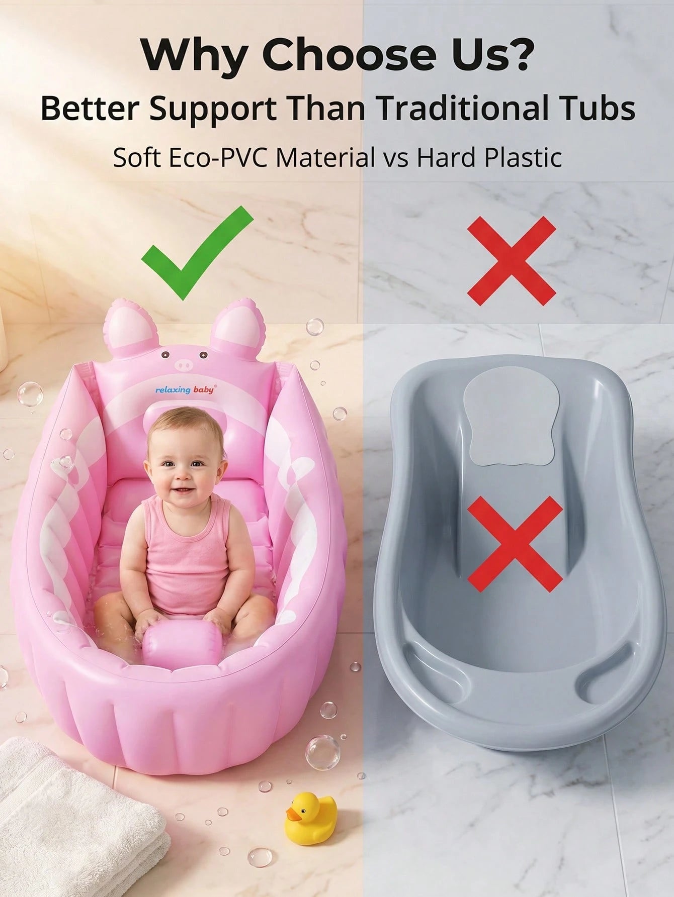 Inflatable Baby Bath Tub, Portable Foldable Infant Toddler Shower Basin With Air Pump, Cute Cartoon Pig Non-Slip Blow Up Travel Bathing Tub.