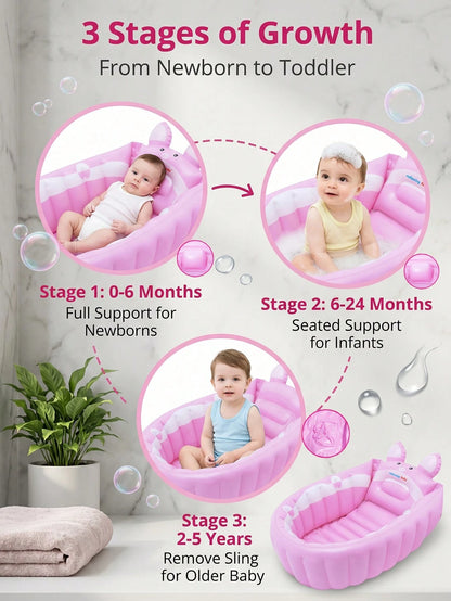 Inflatable Baby Bath Tub, Portable Foldable Infant Toddler Shower Basin With Air Pump, Cute Cartoon Pig Non-Slip Blow Up Travel Bathing Tub.
