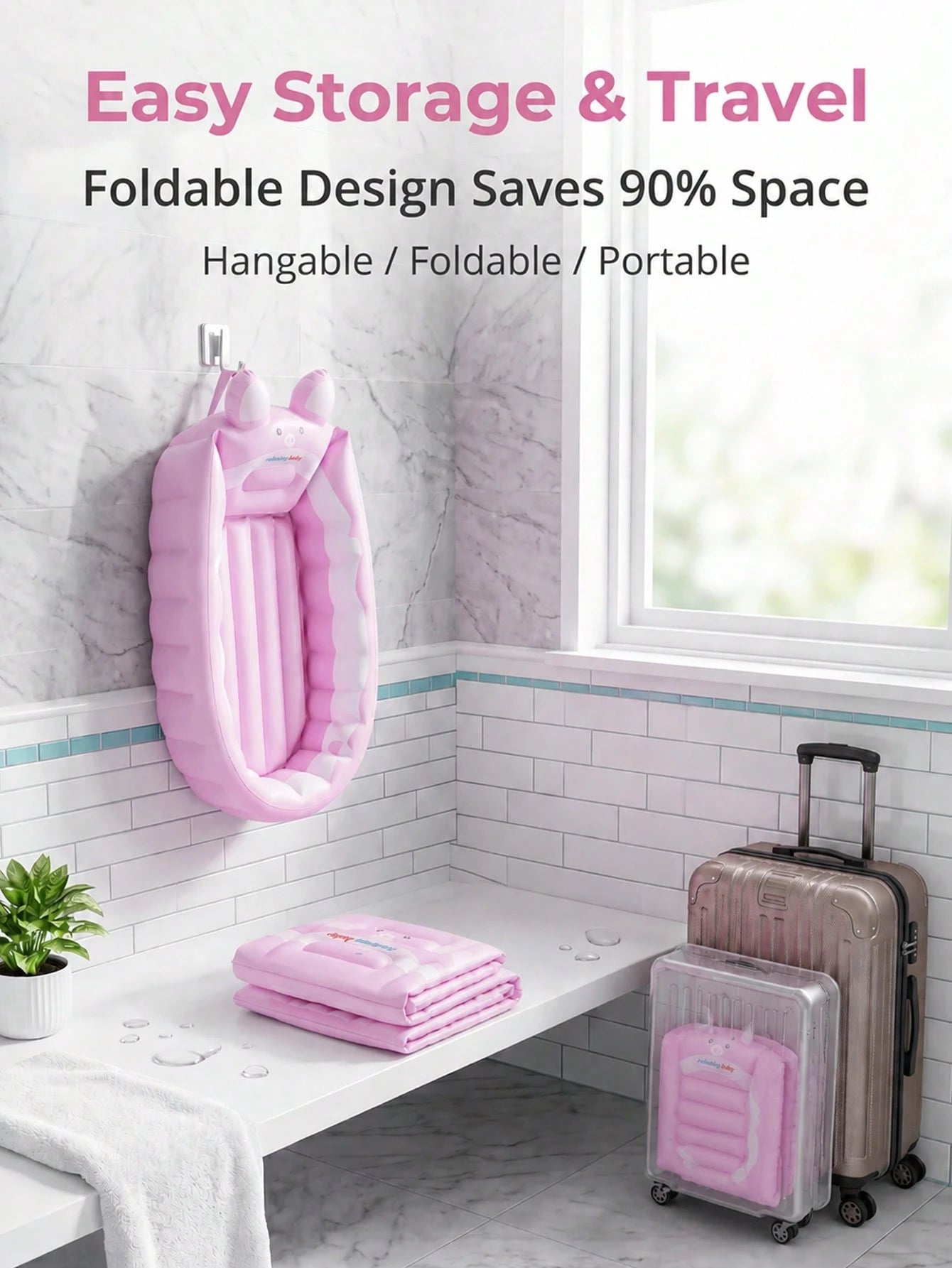 Inflatable Baby Bath Tub, Portable Foldable Infant Toddler Shower Basin With Air Pump, Cute Cartoon Pig Non-Slip Blow Up Travel Bathing Tub.