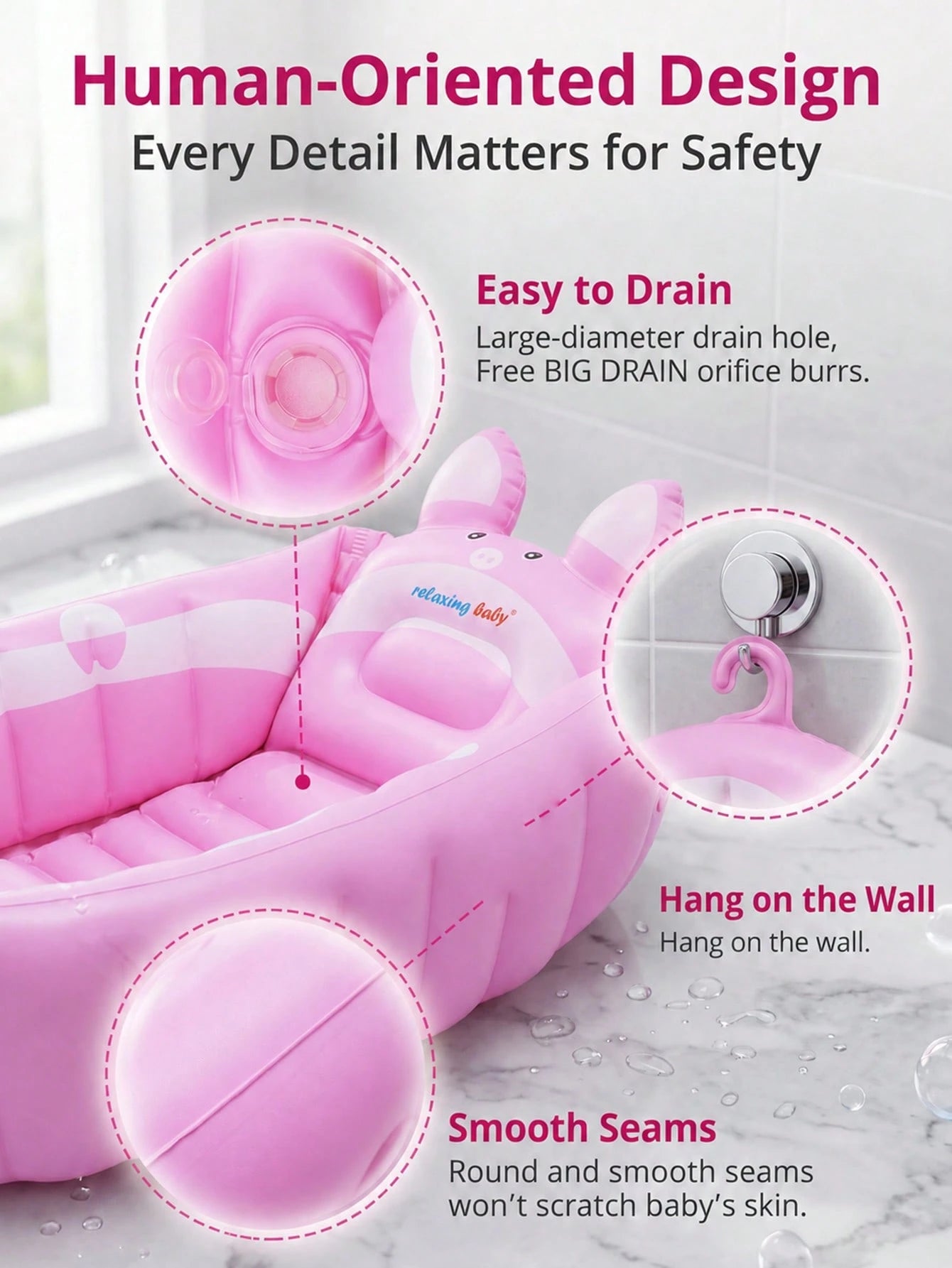 Inflatable Baby Bath Tub, Portable Foldable Infant Toddler Shower Basin With Air Pump, Cute Cartoon Pig Non-Slip Blow Up Travel Bathing Tub.