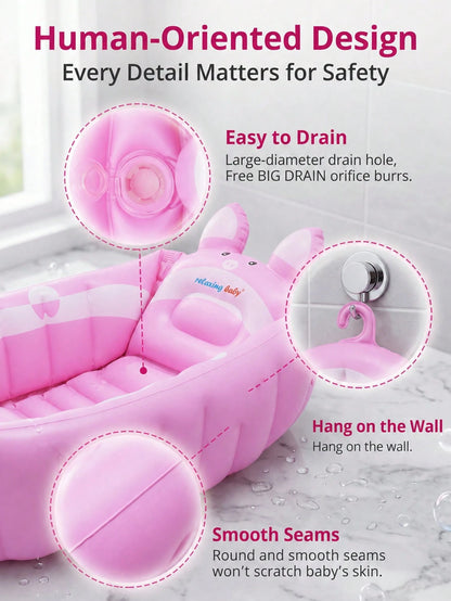 Inflatable Baby Bath Tub, Portable Foldable Infant Toddler Shower Basin With Air Pump, Cute Cartoon Pig Non-Slip Blow Up Travel Bathing Tub.