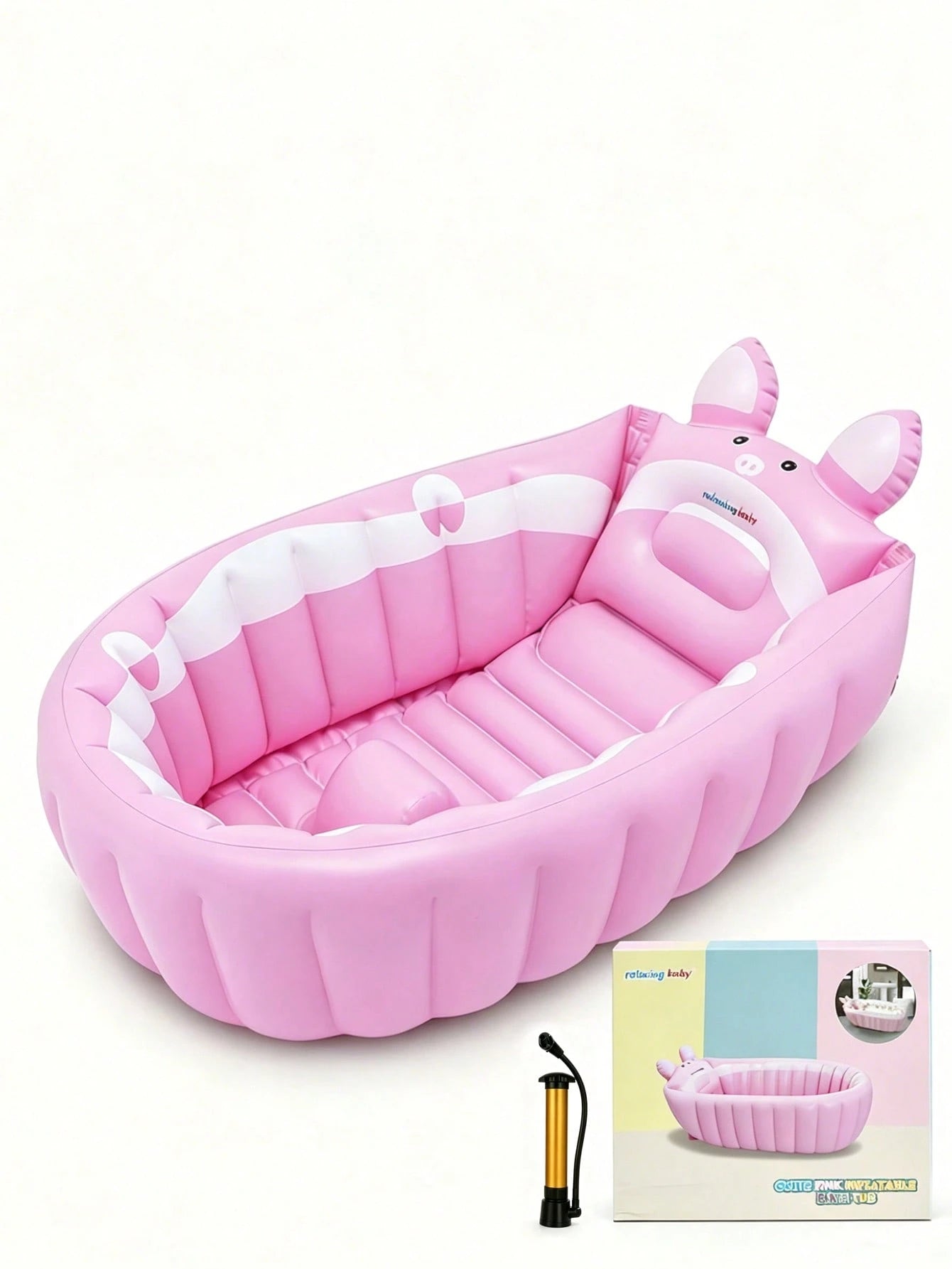 Inflatable Baby Bath Tub, Portable Foldable Infant Toddler Shower Basin With Air Pump, Cute Cartoon Pig Non-Slip Blow Up Travel Bathing Tub.