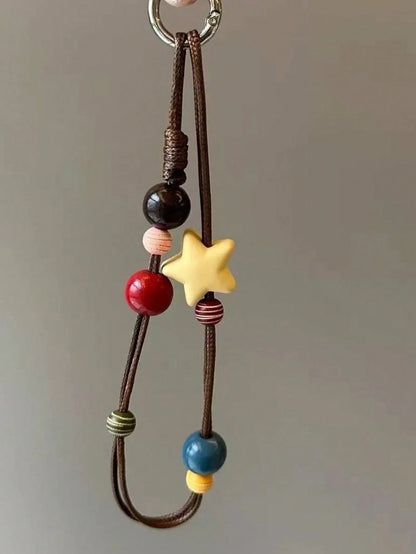 INS Fashionable Brown Waxed Thread Necklace Cord With Yellow Star & Square Pendant, Versatile Phone Chain, Autumn/Winter