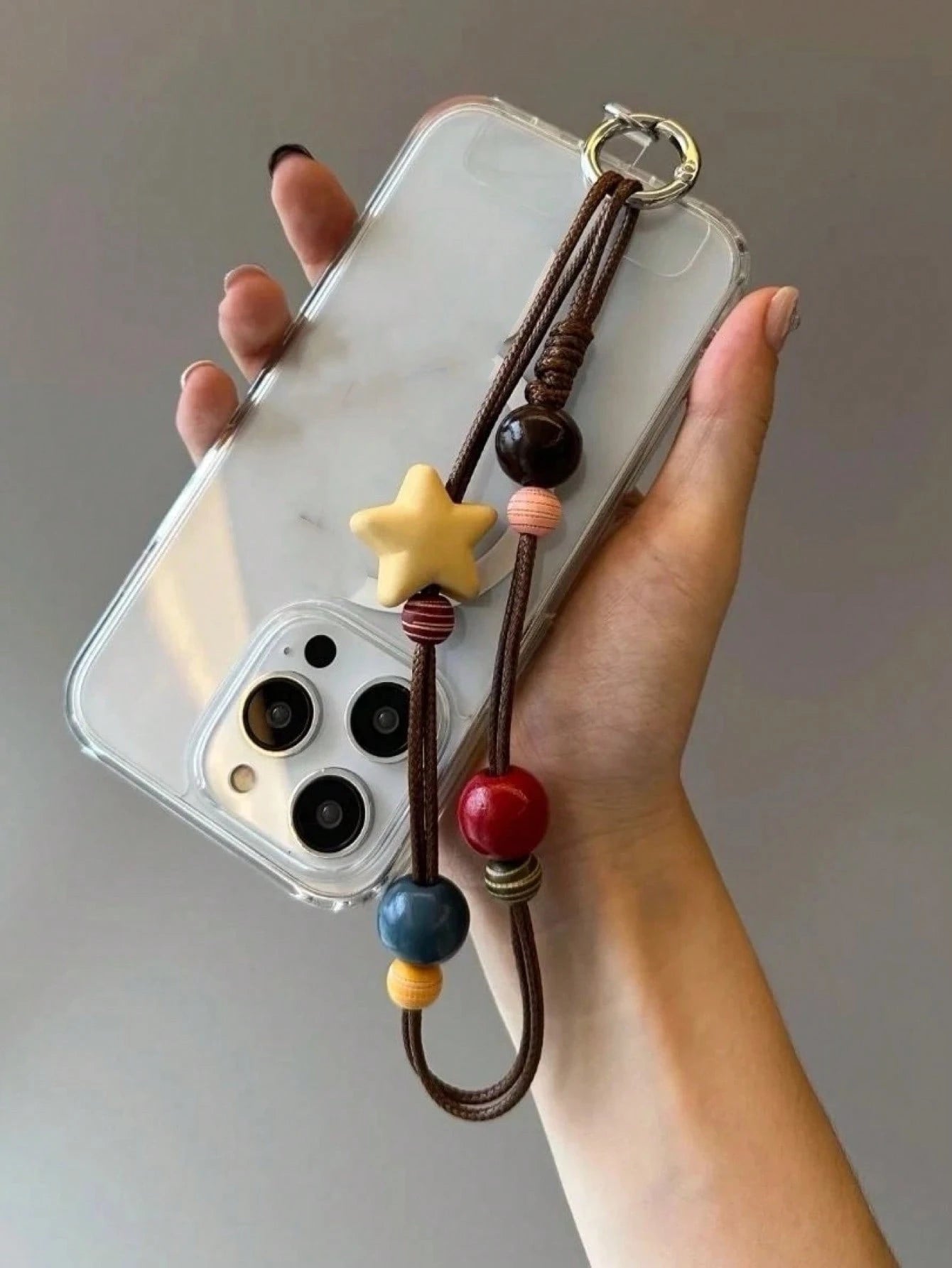 INS Fashionable Brown Waxed Thread Necklace Cord With Yellow Star & Square Pendant, Versatile Phone Chain, Autumn/Winter