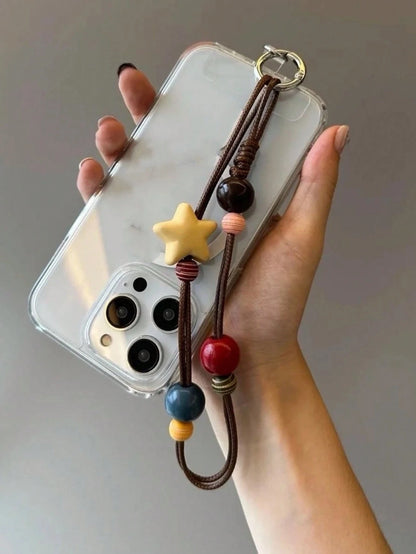 INS Fashionable Brown Waxed Thread Necklace Cord With Yellow Star & Square Pendant, Versatile Phone Chain, Autumn/Winter