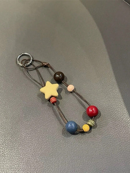 INS Fashionable Brown Waxed Thread Necklace Cord With Yellow Star & Square Pendant, Versatile Phone Chain, Autumn/Winter