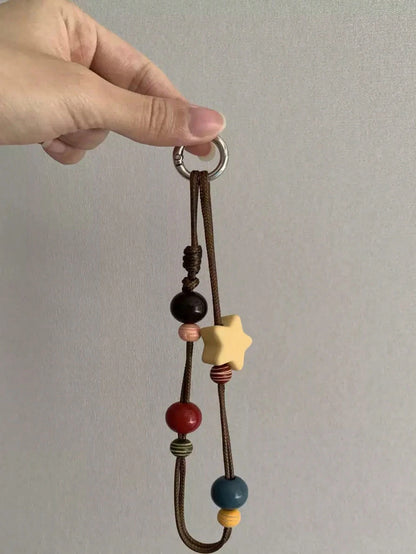 INS Fashionable Brown Waxed Thread Necklace Cord With Yellow Star & Square Pendant, Versatile Phone Chain, Autumn/Winter