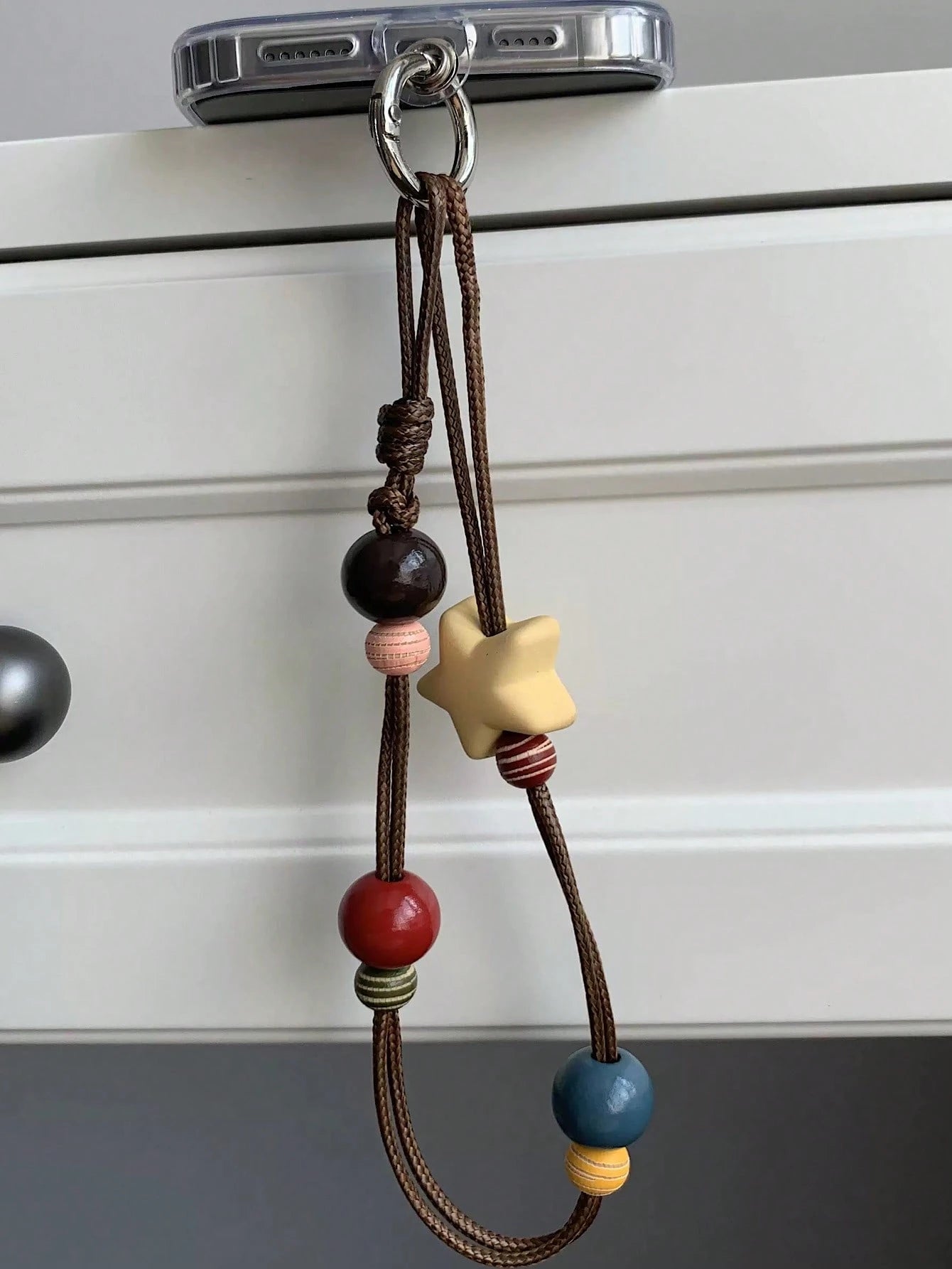 INS Fashionable Brown Waxed Thread Necklace Cord With Yellow Star & Square Pendant, Versatile Phone Chain, Autumn/Winter
