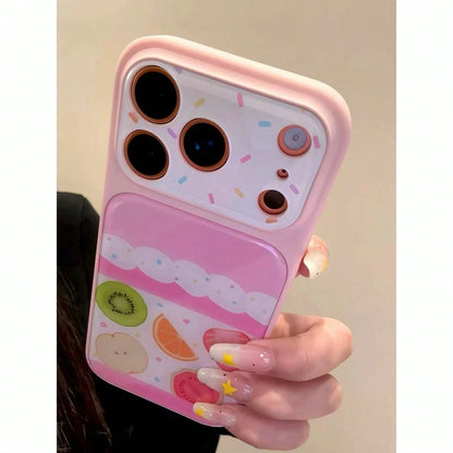 Ins Style Korean Pink & White Patchwork Cream Fruit Cake Decor Phone Case Compatible With IPhone 17 Pro Max, Apple 16 New Model, 14/15 Plus, 13, 16 Pro, 17 Air, Sweet Girly Personalized
