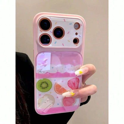 Ins Style Korean Pink & White Patchwork Cream Fruit Cake Decor Phone Case Compatible With IPhone 17 Pro Max, Apple 16 New Model, 14/15 Plus, 13, 16 Pro, 17 Air, Sweet Girly Personalized