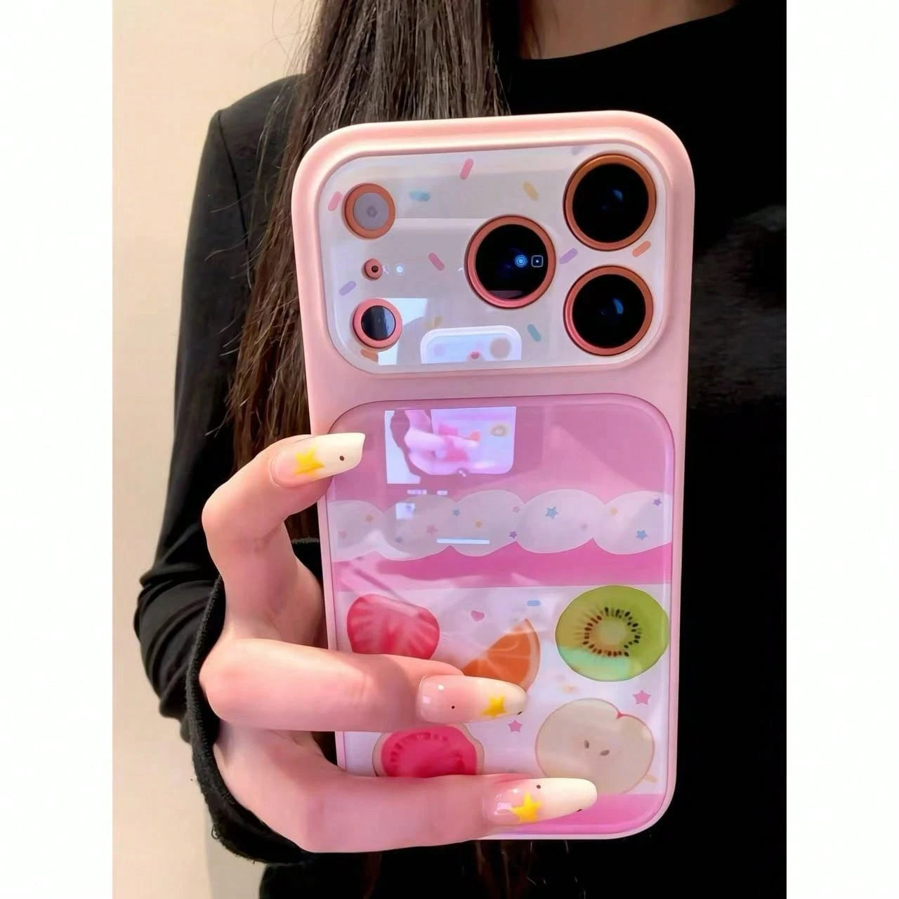 Ins Style Korean Pink & White Patchwork Cream Fruit Cake Decor Phone Case Compatible With IPhone 17 Pro Max, Apple 16 New Model, 14/15 Plus, 13, 16 Pro, 17 Air, Sweet Girly Personalized