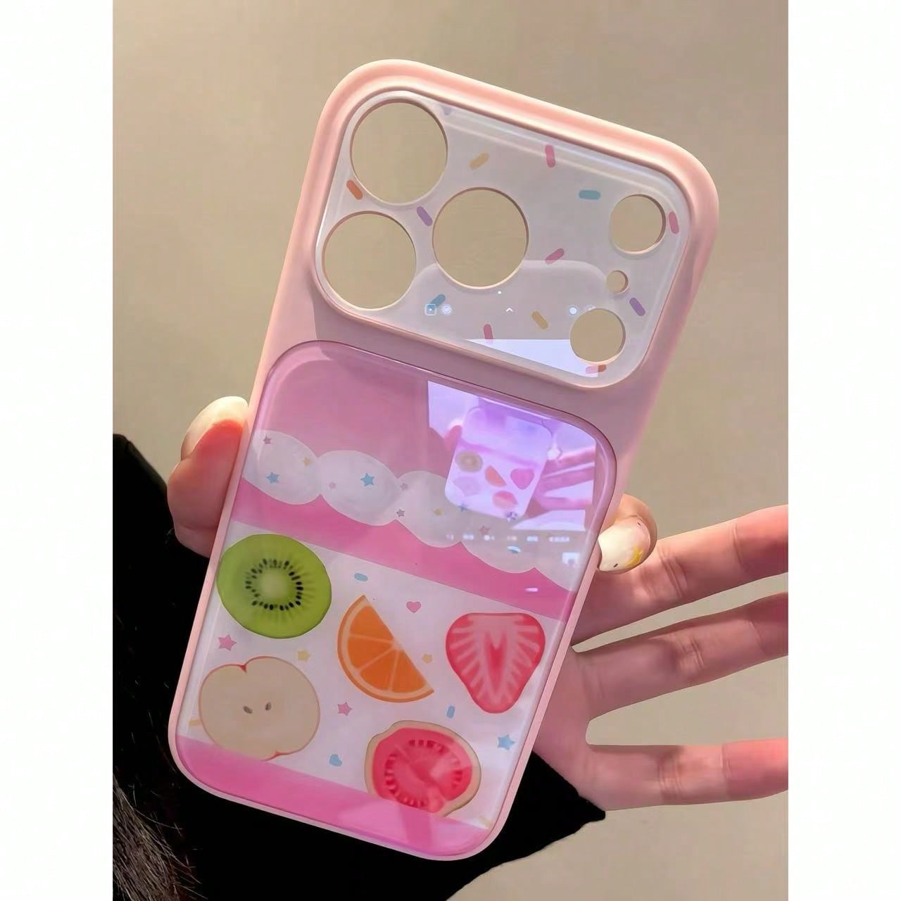 Ins Style Korean Pink & White Patchwork Cream Fruit Cake Decor Phone Case Compatible With IPhone 17 Pro Max, Apple 16 New Model, 14/15 Plus, 13, 16 Pro, 17 Air, Sweet Girly Personalized