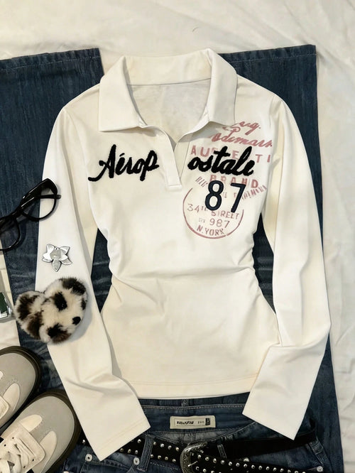 IslaSuriya Back-To-School White And Black Letter Print Polo Shirt,Slim-Fit Long-Sleeve Base Shirt,Autumn Casual Sporty School Waist-Cinching Fashionable Top