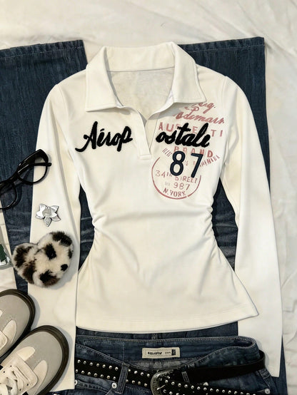IslaSuriya Back-To-School White And Black Letter Print Polo Shirt,Slim-Fit Long-Sleeve Base Shirt,Autumn Casual Sporty School Waist-Cinching Fashionable Top