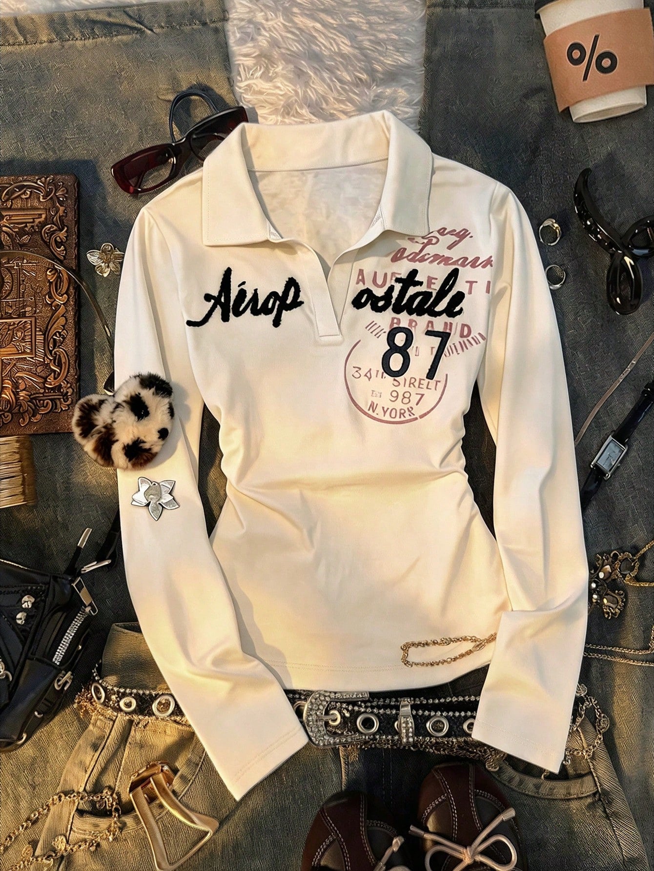 IslaSuriya Back-To-School White And Black Letter Print Polo Shirt,Slim-Fit Long-Sleeve Base Shirt,Autumn Casual Sporty School Waist-Cinching Fashionable Top