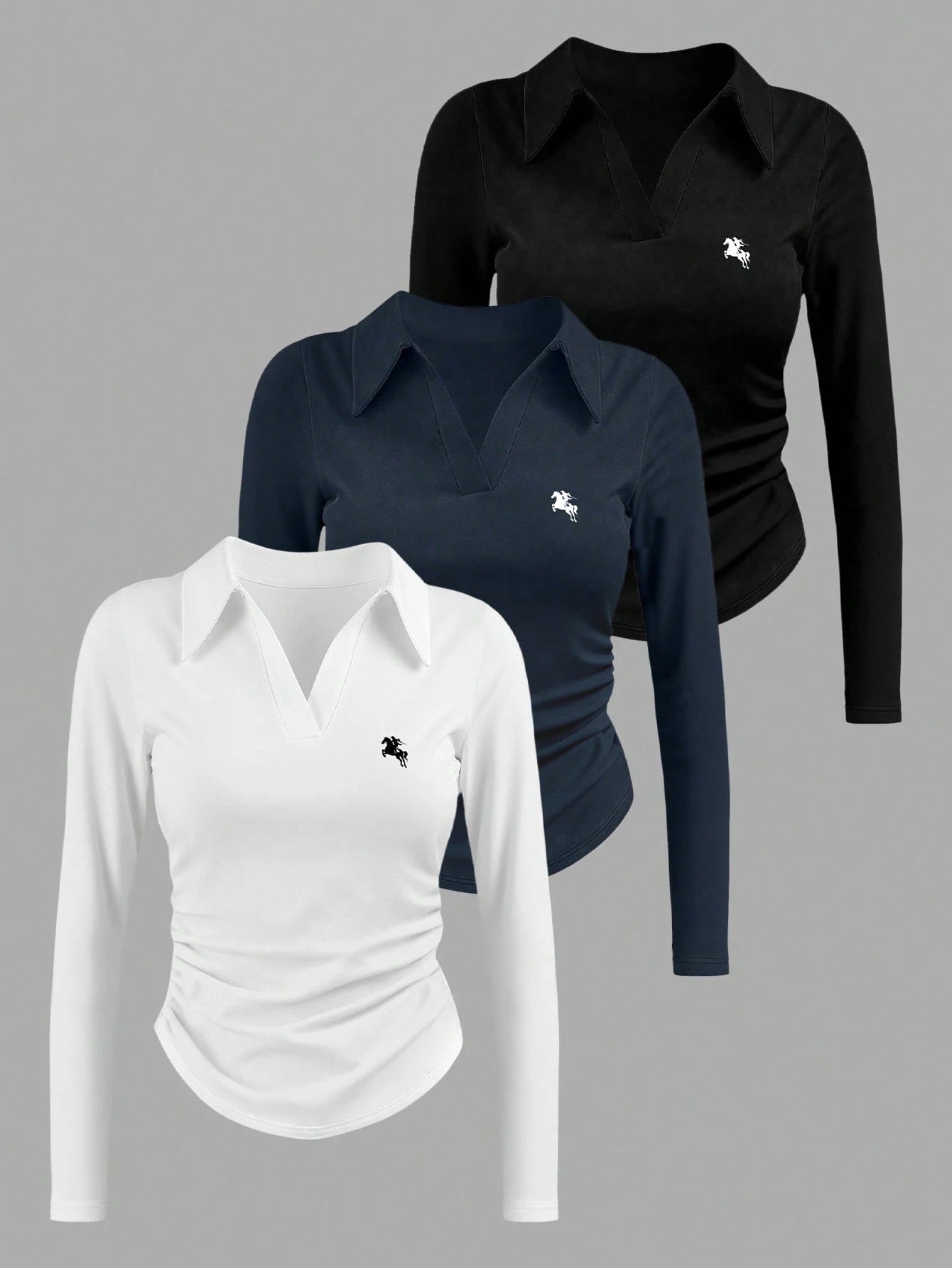 IslaSuriya Back-To-School White And Black Letter Print Polo Shirt,Slim-Fit Long-Sleeve Base Shirt,Autumn Casual Sporty School Waist-Cinching Fashionable Top