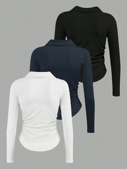 IslaSuriya Back-To-School White And Black Letter Print Polo Shirt,Slim-Fit Long-Sleeve Base Shirt,Autumn Casual Sporty School Waist-Cinching Fashionable Top
