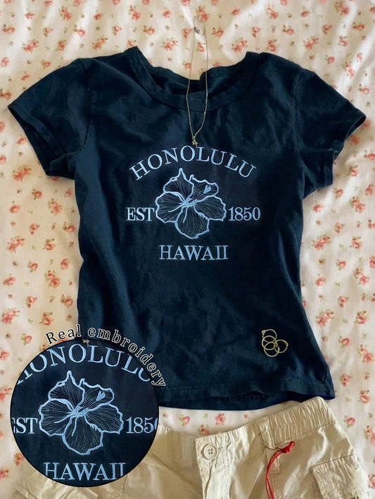 IslaSuriya Hawaiian Letter & Floral Embroidery Design Women's Regular Fit Short Sleeve Round Neck T-Shirt, Gift For Friends