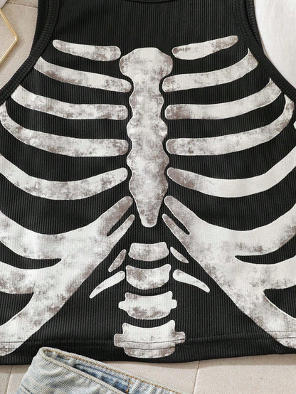IslaSuriya Skeleton Print Tank Top Graphic Tees Women Tops