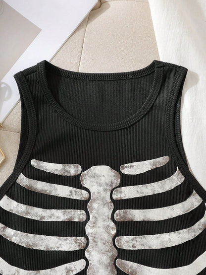 IslaSuriya Skeleton Print Tank Top Graphic Tees Women Tops