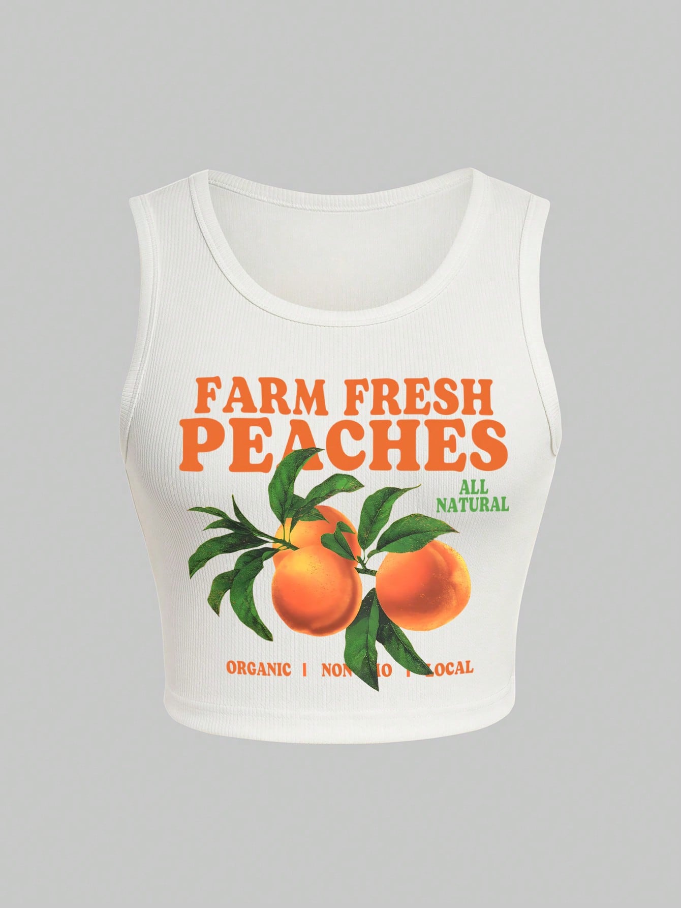 IslaSuriya Summer Casual Orange/Letter Printed Tank Top FARM FRESH PEACHES ORGANIC I NON 10 LOCAL